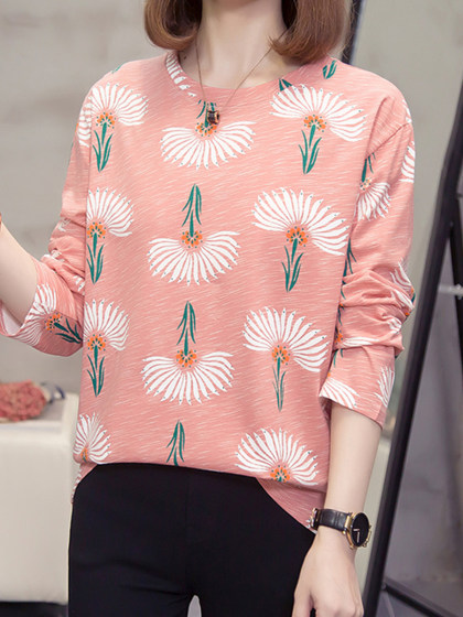 Round Neck Cotton Printed Long-Sleeved T-shirt