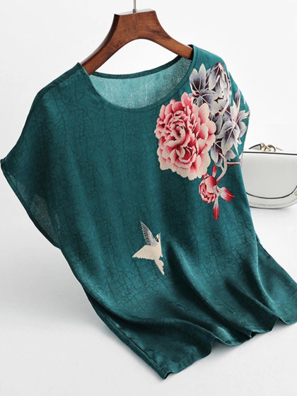 Bird Peony Print Short-sleeved T-shirt