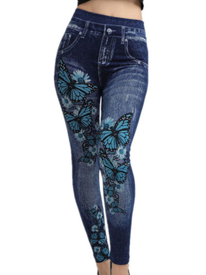 Summer thin butterfly pattern seamless imitation denim super stretch leggings