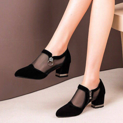 Chunky heel mesh single shoes