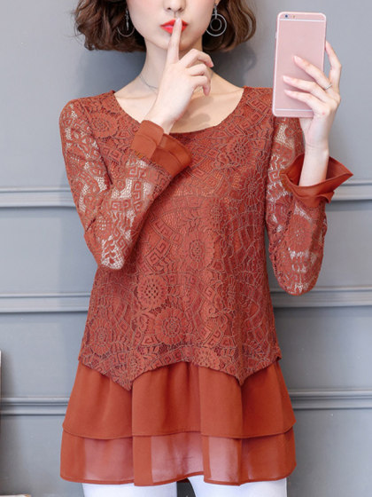 Slim slim round neck hollow lace blouse