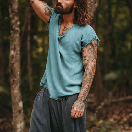 Mens Linen Minimalist Holiday Plain Tank Shirt