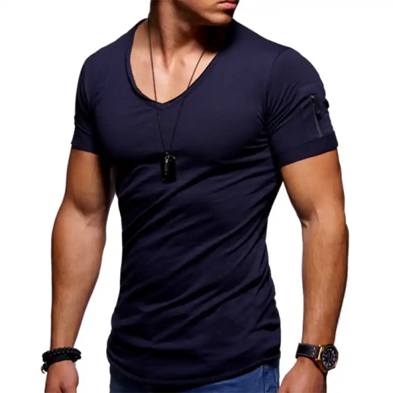 Men's Cuff Zipper Pocket Color Cotton Breathable T-Shirt
