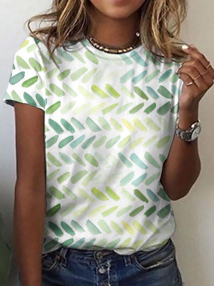 Color Leaf Print Round Neck Short Sleeve T-Shirt
