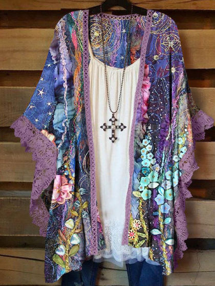 Relaxed Loose Floral Print Lace Panel Cardigan